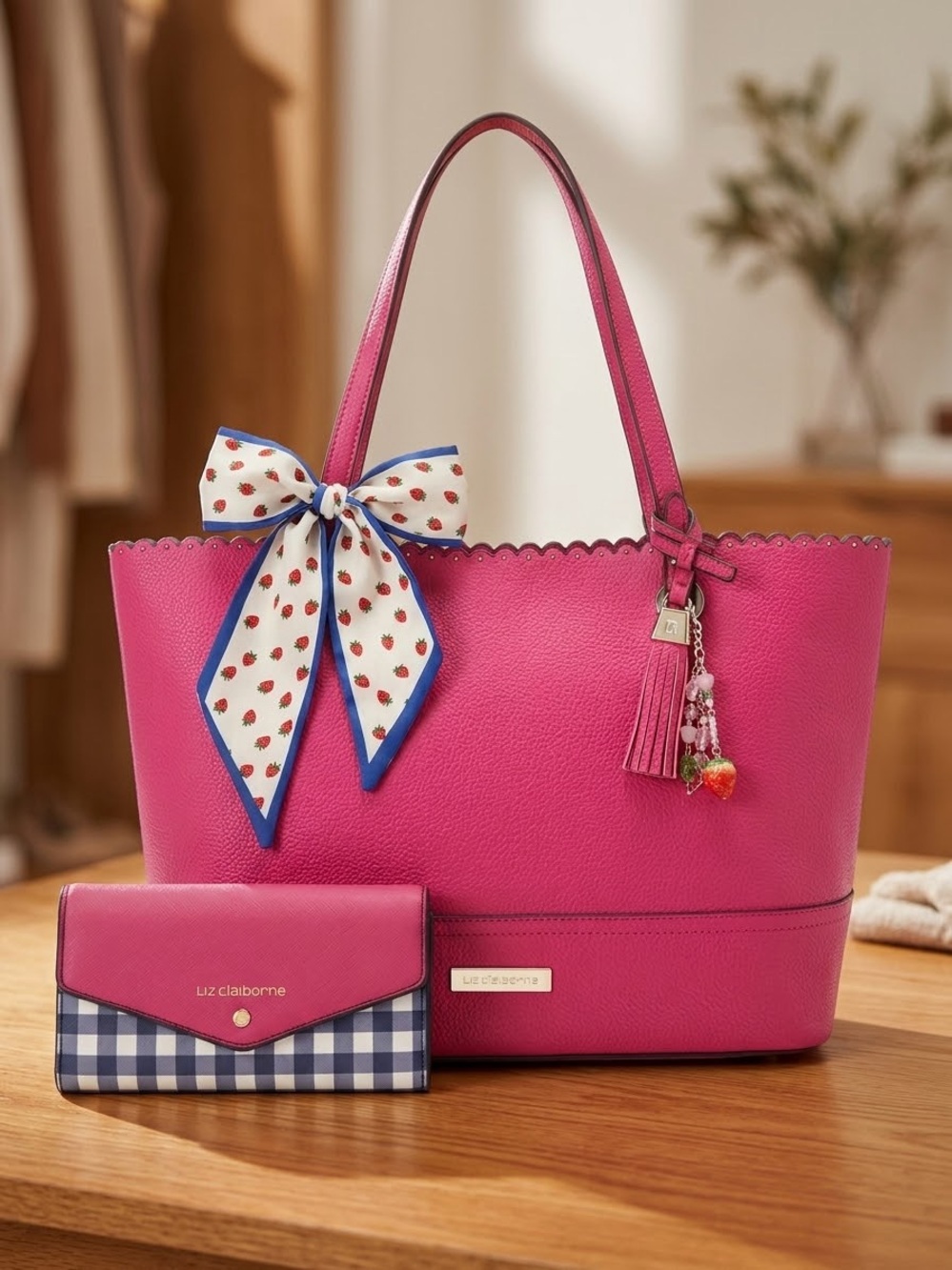 Liz Claiborne Hot Pink Scalloped Tote Gingham Wallet Set Strawberry Scarf